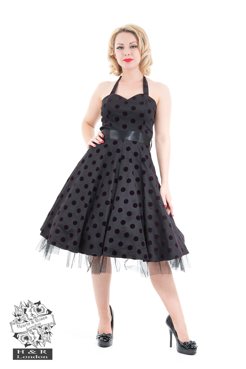 Black Purple Flocked Polka Dot Swing Dress